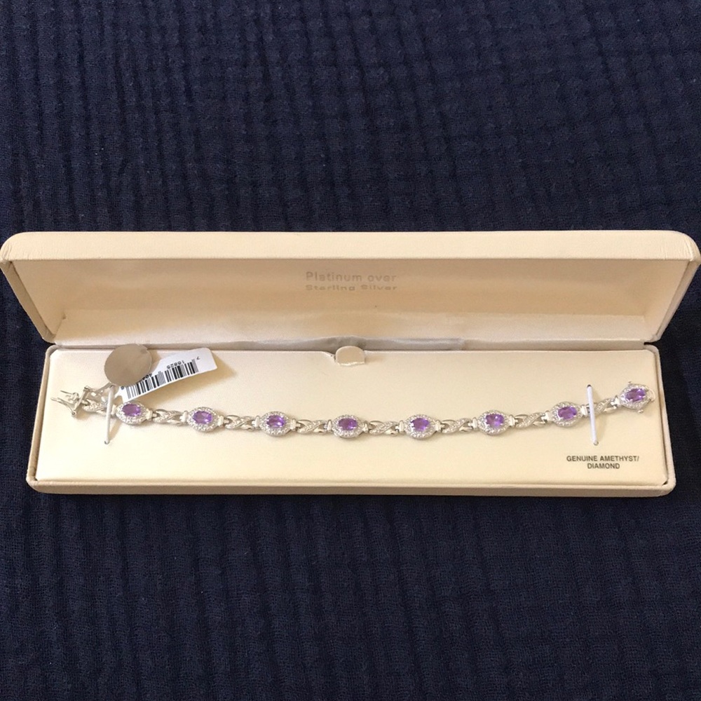 NWT genuine amethyst/diamond silver bracelet with box